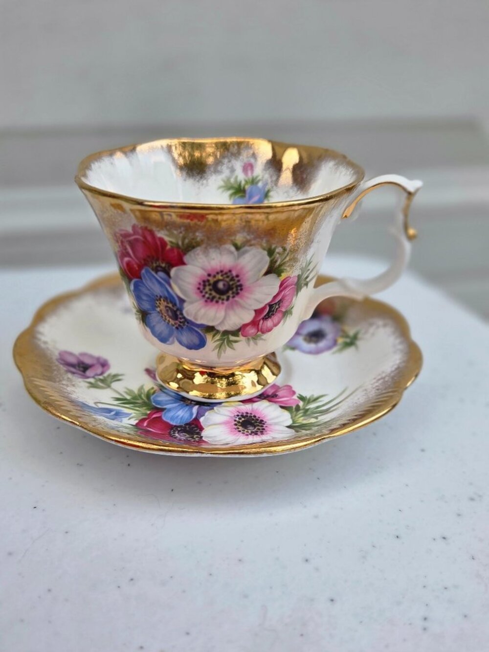 Heavily Gilt Royal Albert Anemone Bone China Teacup & Saucer